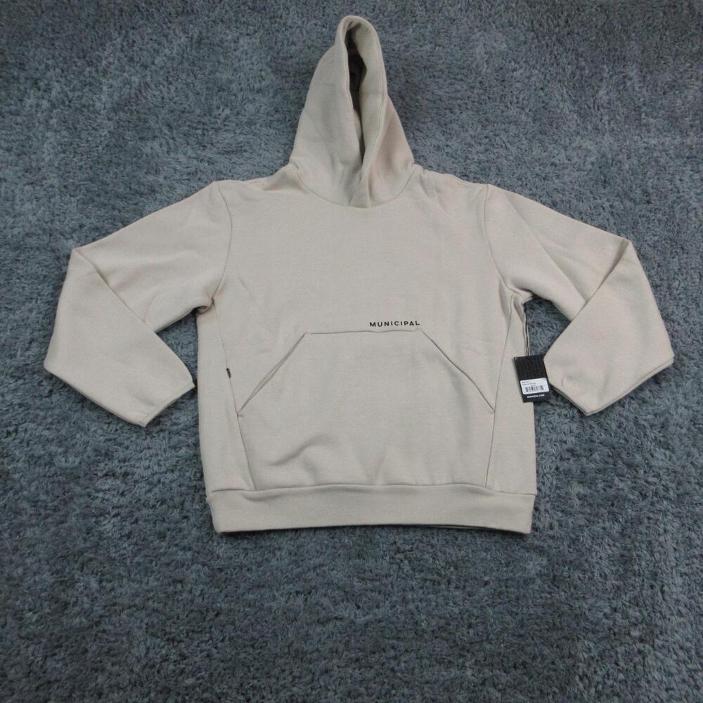 MUNICIPAL Hoodie Sweatshirt Mens S Beige Pullover Fleece Hooded Graphic NWT